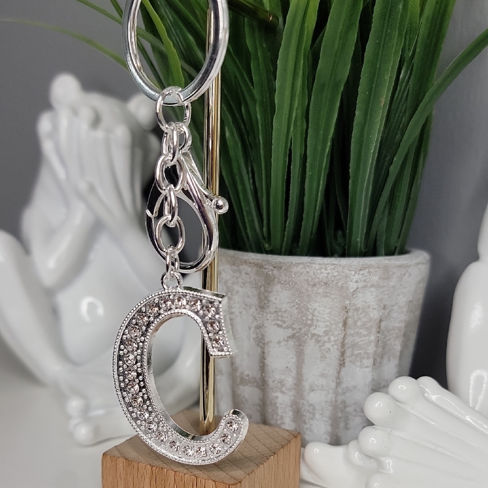 Letter C Initial C Alphabet C Rhinestone Silver Key Chain Bag Charm - Picture 4 of 8